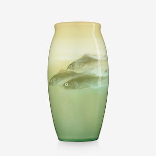 Edward T. Hurley for Rookwood Pottery, Iris Glaze vase with fish