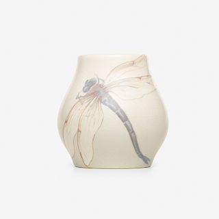 Carl Schmidt for Rookwood Pottery, Vellum cabinet vase with dragonfly