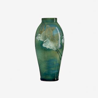 Edward T. Hurley for Rookwood Pottery, Sea Green vase with three herons and full moon
