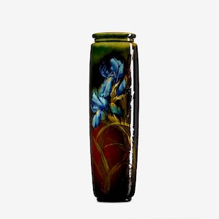 Albert R. Valentien for Rookwood Pottery, tall Standard Glaze Light vase with irises