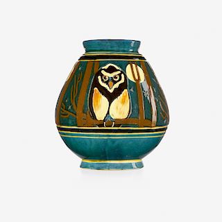 Vance/Avon Faience, vase with owls and full moon