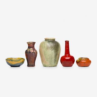 Beatrice Wood, Teco, Paul Revere Pottery and Pewabic Pottery, miniature vessels, set of five