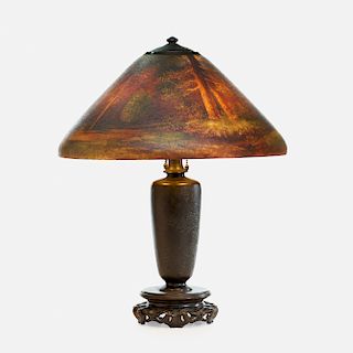 Handel, wooded landscape table lamp, Japonesque base