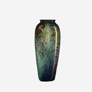 Jacques Sicard for Weller Pottery, vase with peacock feathers in low relief