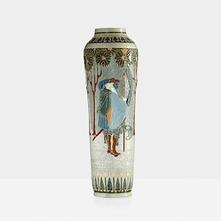 Frederick Hurten Rhead for Roseville Pottery, exceptional tall Della Robbia vase with courtier