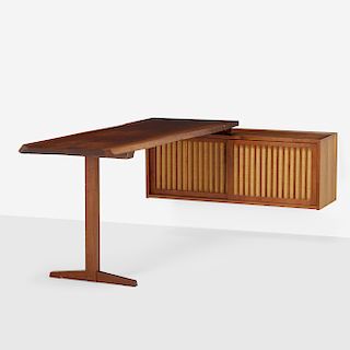 George Nakashima, Custom wall-mounted cabinet with Trestle desk extension