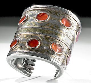 19th C. Turkoman Silver Bracelet w/ Carnelian Insets