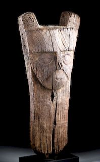 Tall Huari Wood Pillar Top w/ Abstract Human Face