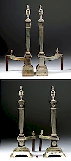 Lot of Two 18th C. USA Silvered Brass & Bronze Andirons