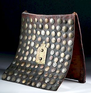 20th C. Moroccan Water Seller's Leather Bag with Coins