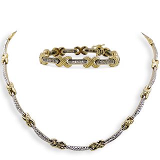 (2 Pc) 14K Gold Necklace & Diamond Bracelet Set