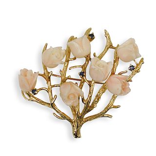 14K Gold Coral & Sapphire Pin