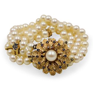 14K Vintage Pearl and Sapphire Bracelet