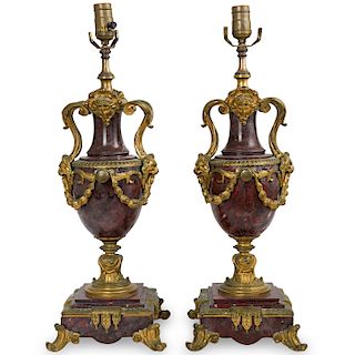 Pair Of French Bronze and Marble Converted Lamps
