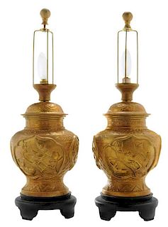 Pair Gilt Brass Chinese Table Lamps