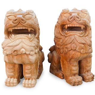 (2 Pc) Signed Chinese Carved Wood Foo Dogs