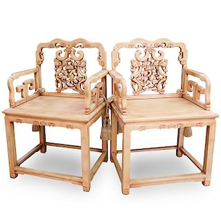 Pair Of Chinese Carved Elm Wood Arm Chairs