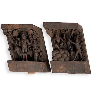 Pair Of Hindu Relief Carved Wood Blocks