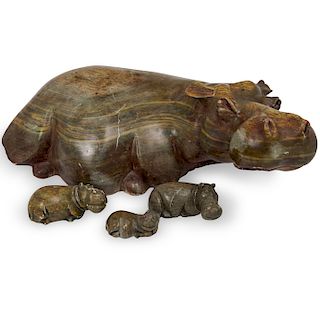 (4 Pc) Carved Stone Hippopotamus Sculptures