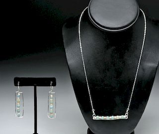Sumeria Faience Beads on Silver Bar Necklace & Earrings