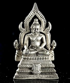 Early 20th C. Thai Silvered Brass Seated Buddha