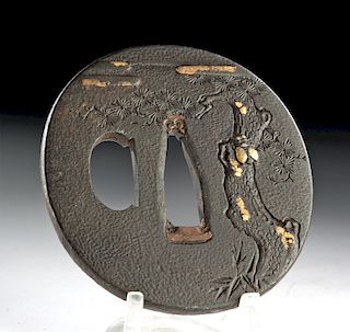 18th C. Japanese Edo Iron, Copper, & Gilt Tsuba w/ Tree