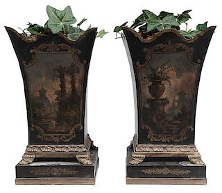 Pair Painted Tole and Brass-Footed