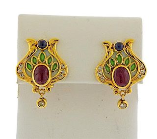 18K Gold Diamond Plique a Jour Enamel Ruby Sapphire Earrings