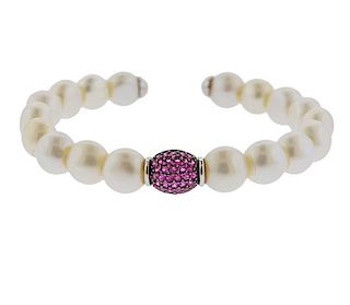18K Gold Pink Gemstone Pearl Cuff Bracelet