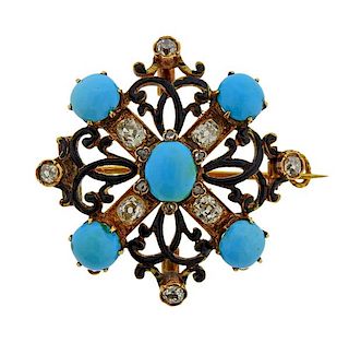 Antique 18K Gold Diamond Turquoise Enamel Brooch Pendant
