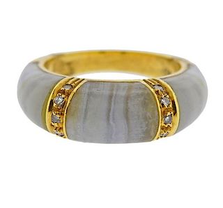 1970s 18K Gold Diamond Agate Ring
