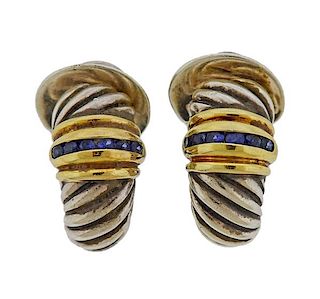 David Yurman Cable 18K Gold Silver Sapphire Hoop Earrings