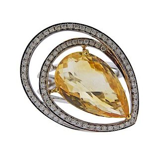 18K Gold Diamond Citrine Cocktail Ring 