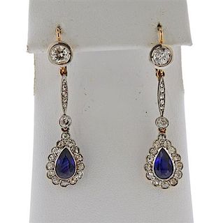 18K Gold Platinum Diamond Blue Stone Earrings
