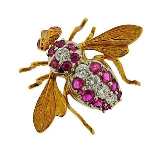 18K Gold Diamond Ruby Insect Bee Brooch Pin