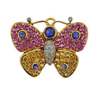 18K Gold Diamond Multi Sapphire Butterfly Brooch Pendant