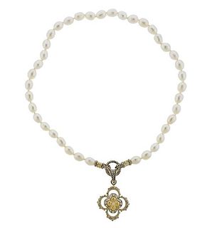 Barbara Bixby 18K Gold Silver Diamond Pearl Flower Necklace 