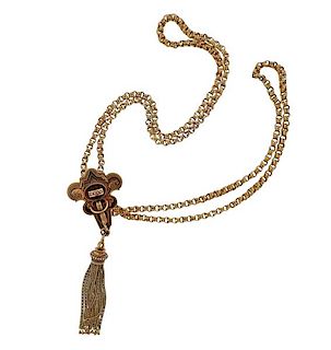 Antique Victorian 14K Gold Enamel Pearl Tassel Chain Necklace