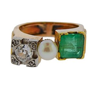 Mid Century 18K Gold Diamond Pearl Emerald Ring