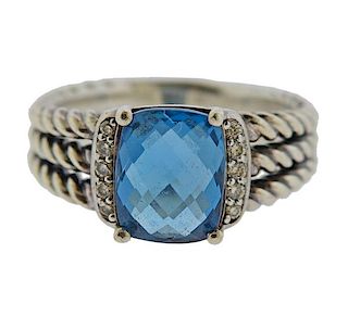 David Yurman Sterling Diamond London Blue Topaz Ring 