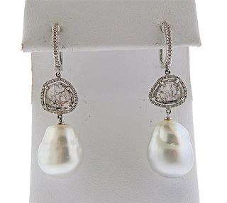 14K Gold Diamond Baroque Pearl Drop Earrings