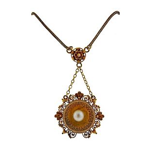 Antique Gold Pearl Pendant Necklace
