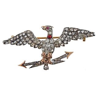 Antique 18K Gold Silver Diamond Eagle Brooch Pin