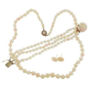 14k Gold Coral Necklace Bracelet Earrings Lo 3pc