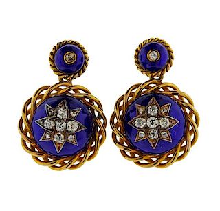 Antique Victorian 14k Gold Diamond Blue Enamel Earrings 
