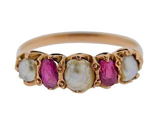 Antique 14k Gold Pearl Ruby Ring 