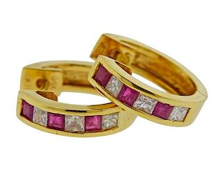 18k Gold Diamond Ruby Hoop Earrings 
