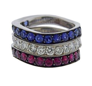 English 18k Gold Diamond Sapphire Ruby Stackable Ring Set 
