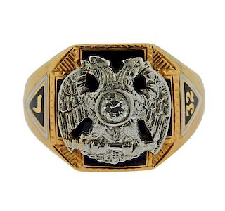 14k Gold Masonic Diamond Enamel Ring 