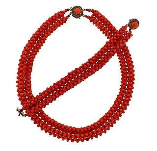 Antique Gold Coral Bead Bracelet Necklace Set